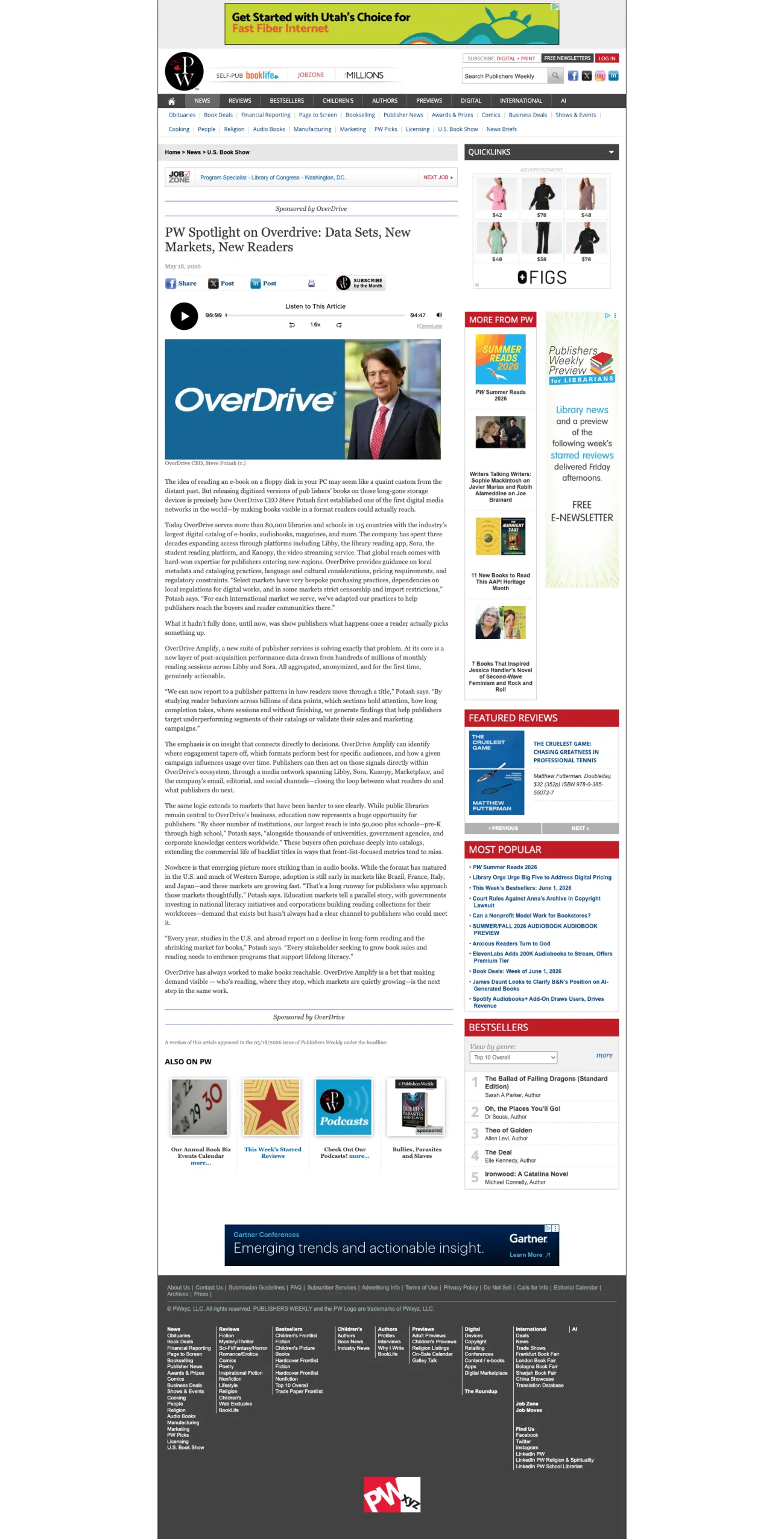 The full Publishers Weekly web page carrying OverDrive's spotlight, labeled &ldquo;Sponsored Content,&rdquo; with the OverDrive logo and the headline &ldquo;PW Spotlight on OverDrive: Data Sets, New Markets, New Readers.&rdquo; The sponsored piece runs inside Publishers Weekly's normal editorial layout, framed by PW navigation, bestseller lists, and other ads.